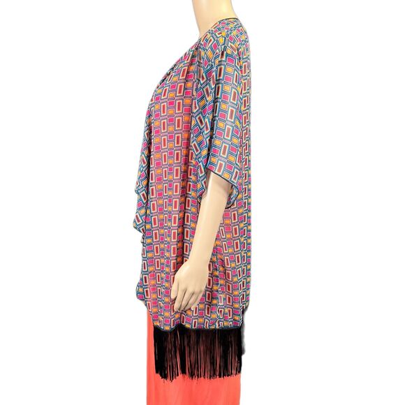 LulaRoe Womens Kimono Shawl Shrug Wrap Sheer Geo Print Fringe Trimmed Small - Picture 5 of 7